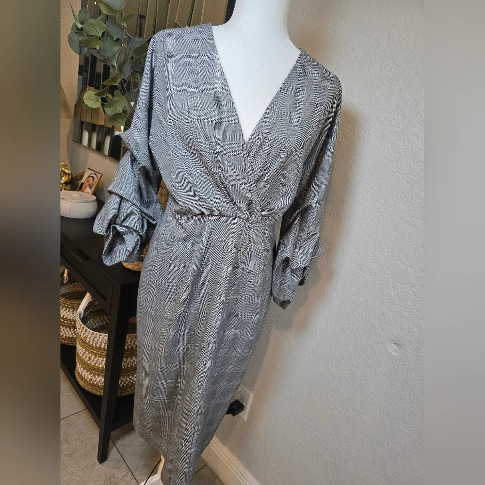Zara Checked Ruched Arms Playd Gray Dress Size L - Picture 7 of 8